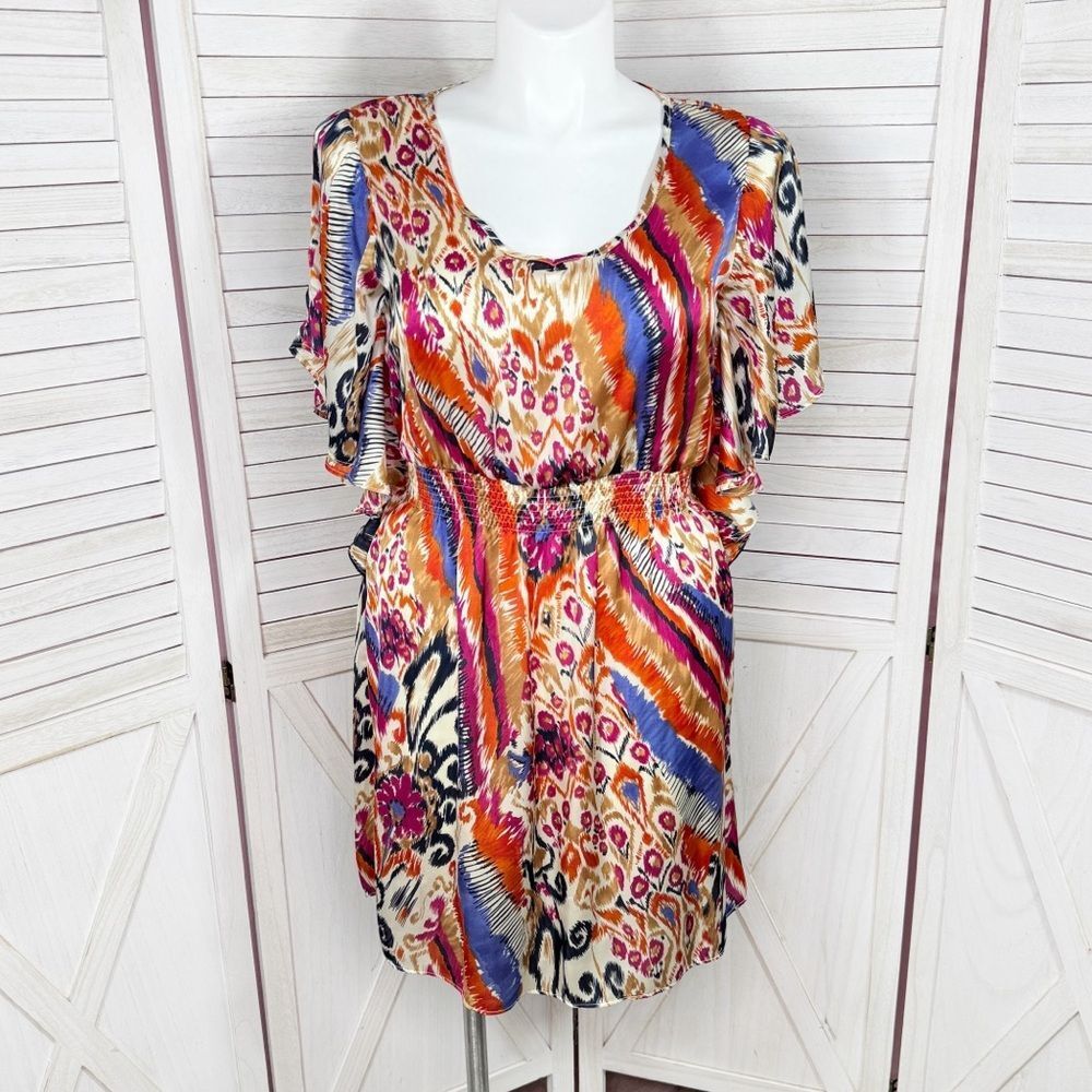 Gabby Skye Printed Satin Butterfly Sleeve Elastic Waist Dress Multicolor 12
